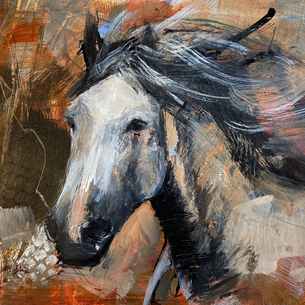 Mixed media painting of a grey horse's head.