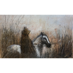 Mixed media painting of a hooded rider and horse.