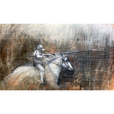 Mixed media painting of a medieval knight on his horse.